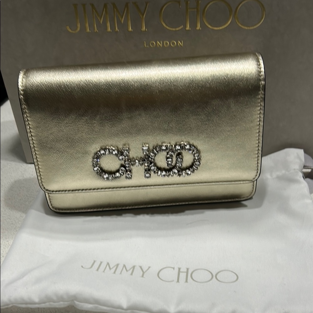 Jimmy Choo Kalina OMCC Metallic Gold Napa Clutch with Crystals CHOO Bag